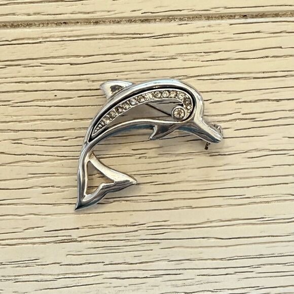 Vintage Silver-Tone Plate Jumping Dolphin Brooch with Rhinestones - Picture 1 of 4